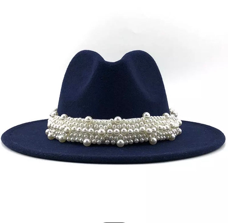 Stacked Pearl Fedora Hat - Navy