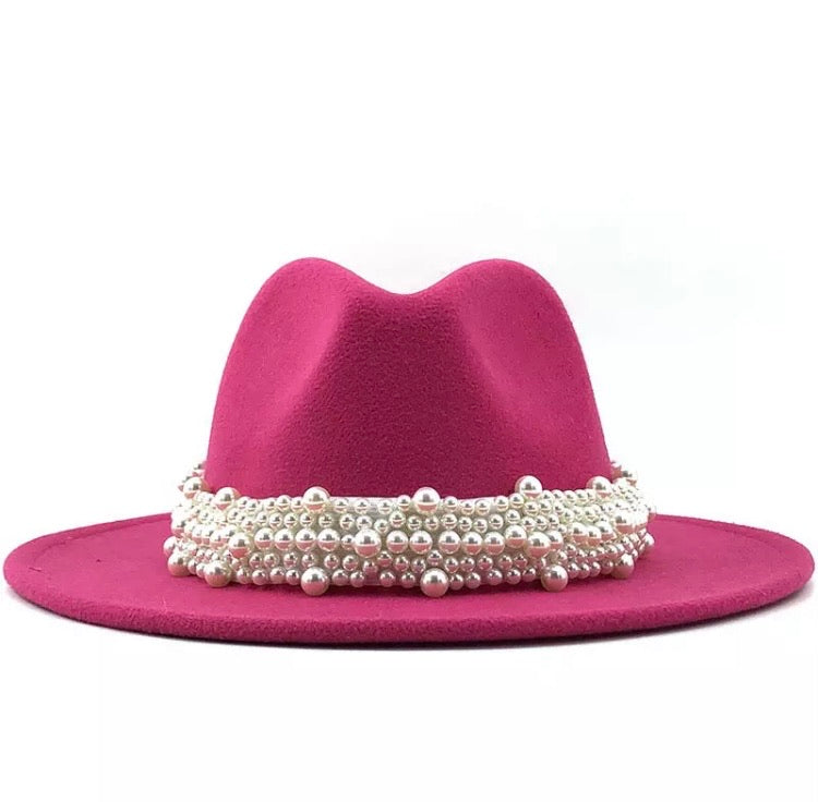 Stacked Pearl Fedora Hat - Hot Pink