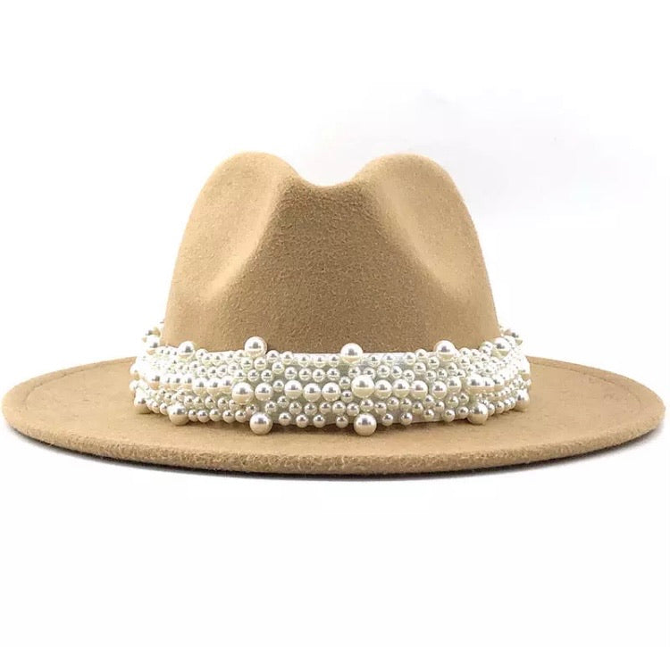 Stacked Pearl Fedora Hat - Tan